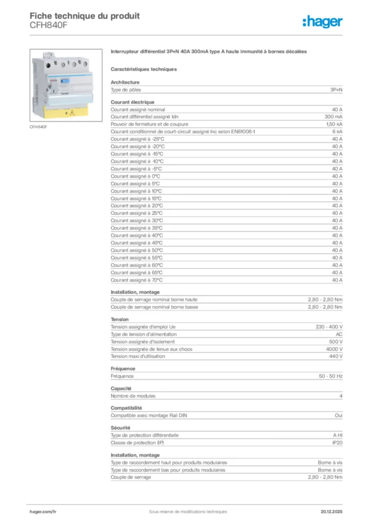 Image Hager Fiche technique du produit CFH840F | Hager France