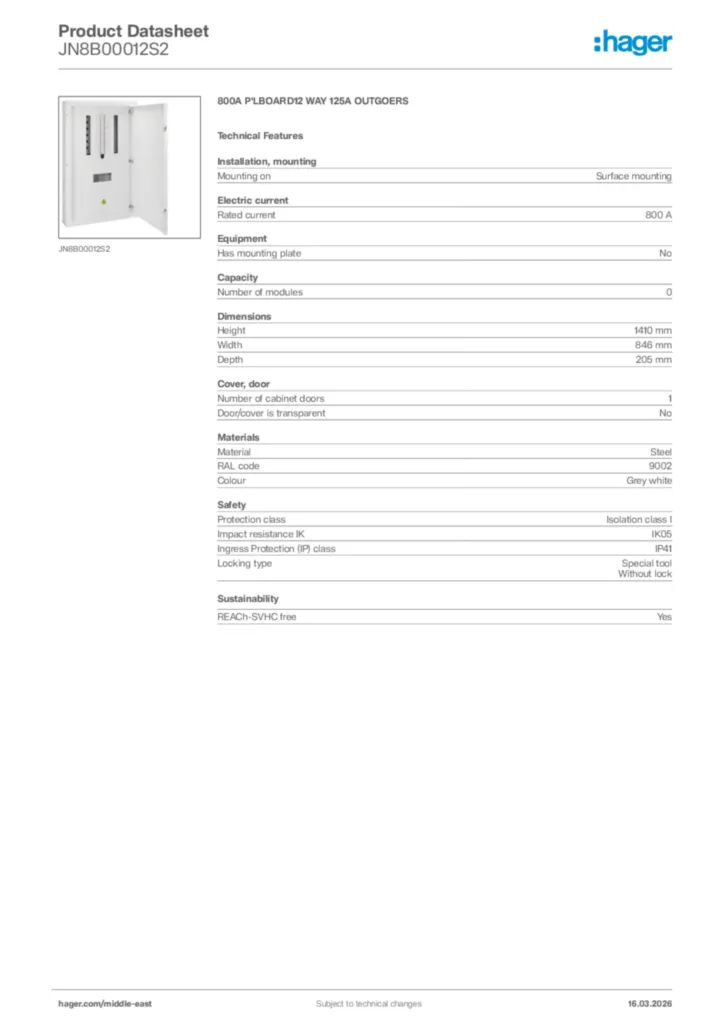 Image Hager Product data sheet JN8B00012S2  | Hager