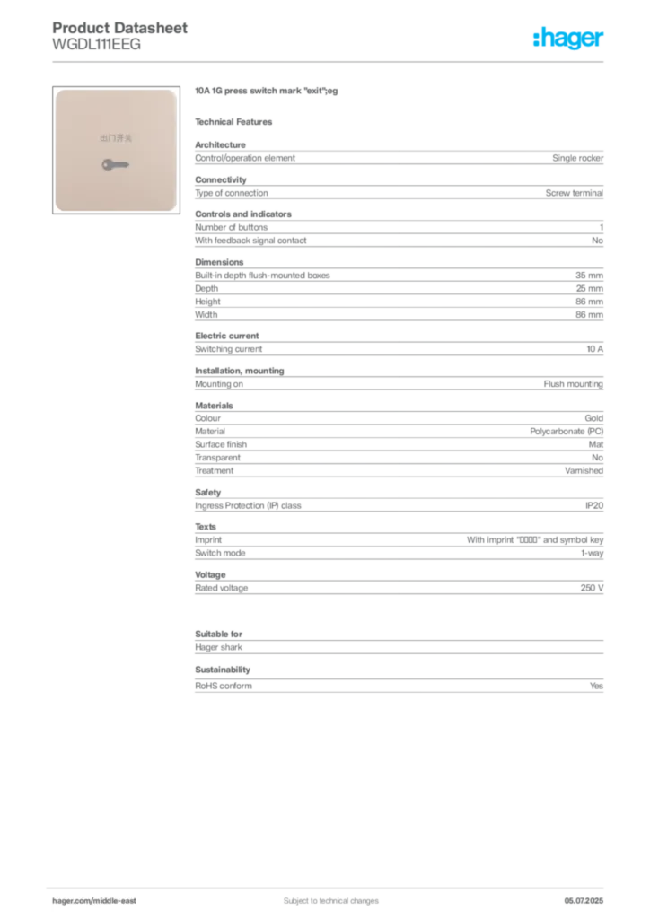 Image Hager Product data sheet WGDL111EEG  | Hager