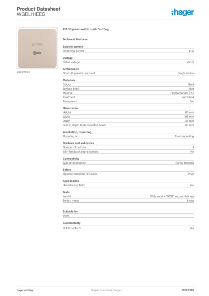 Image Hager Product data sheet WGDL111EEG  | Hager