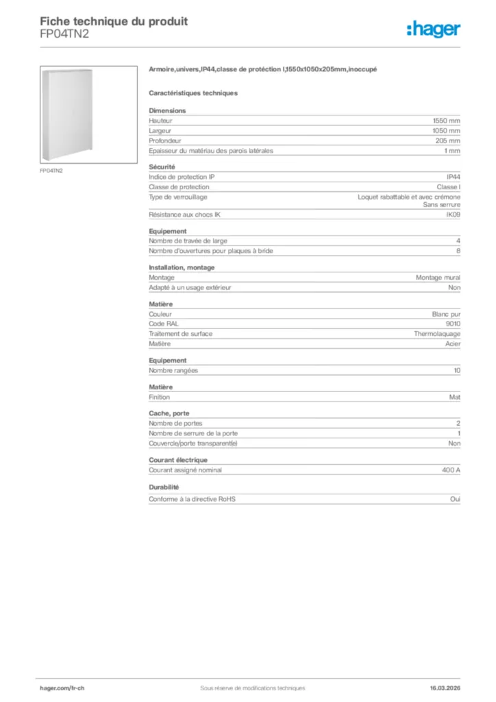 Image Hager Fiche technique du produit FP04TN2 | Hager Suisse