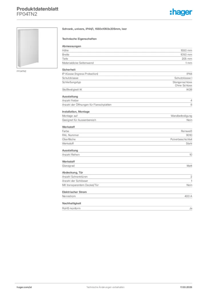 Bild Hager Produktdatenblatt FP04TN2 | Hager Deutschland