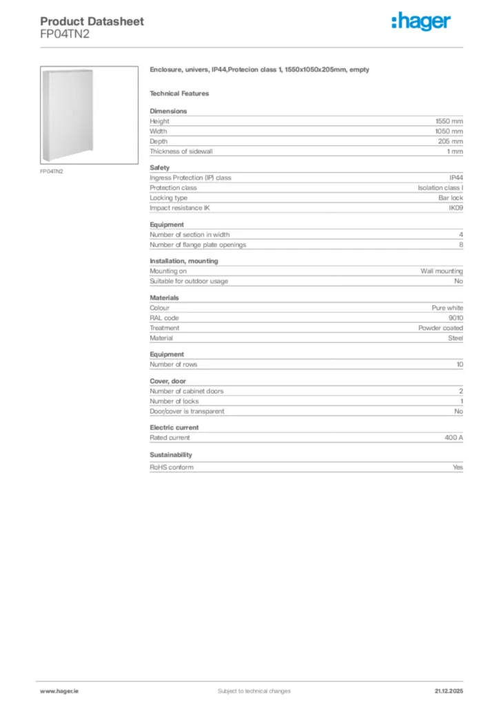 Image Hager Product data sheet FP04TN2  | Hager