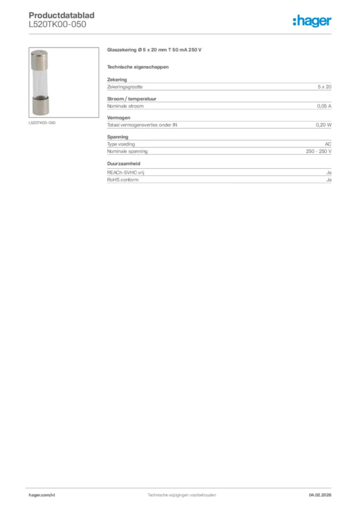 Afbeelding Hager Productdatablad L520TK00-050 | Hager Nederland