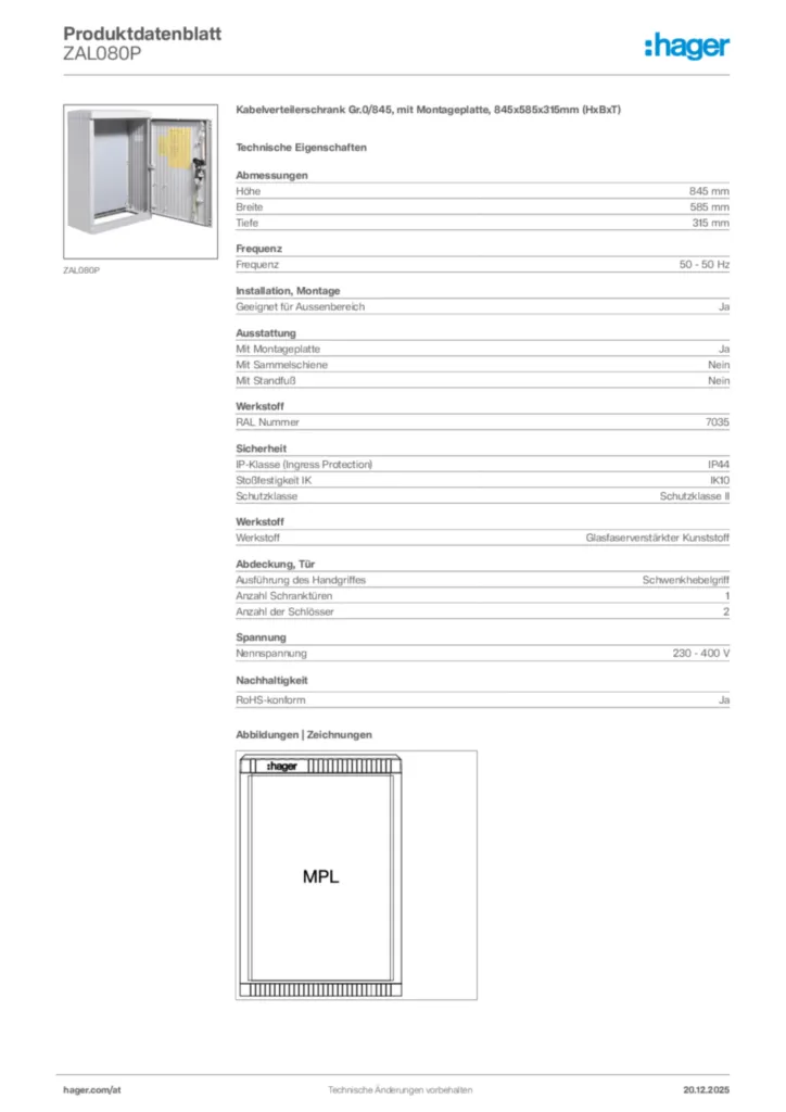 Bild Hager Produktdatenblatt ZAL080P | Hager Deutschland