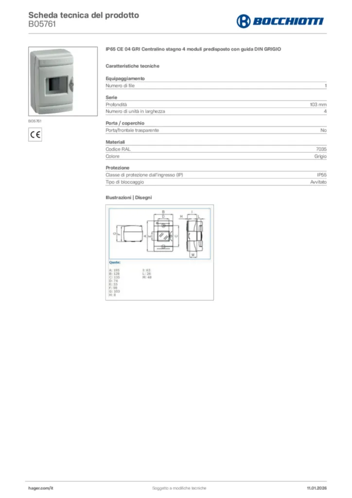 Immagine Bocchiotti Scheda tecnica del prodotto B05761 | Hager Italia