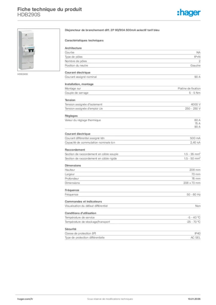 Image Hager Fiche technique du produit HDB290S | Hager France