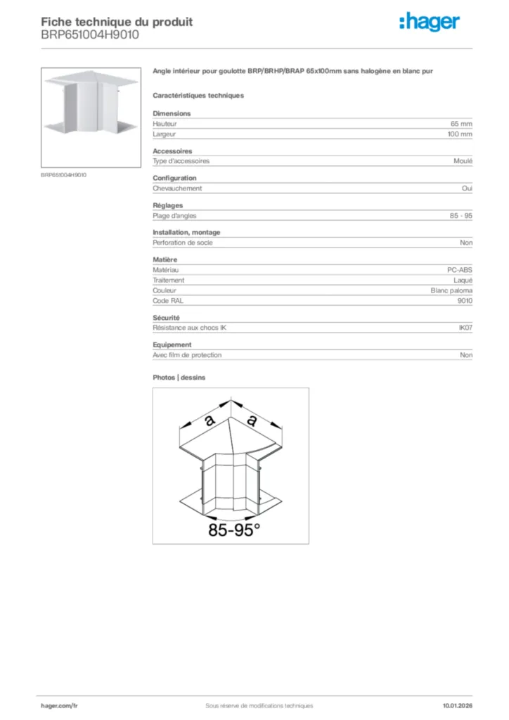Image Hager Fiche technique du produit BRP651004H9010 | Hager France