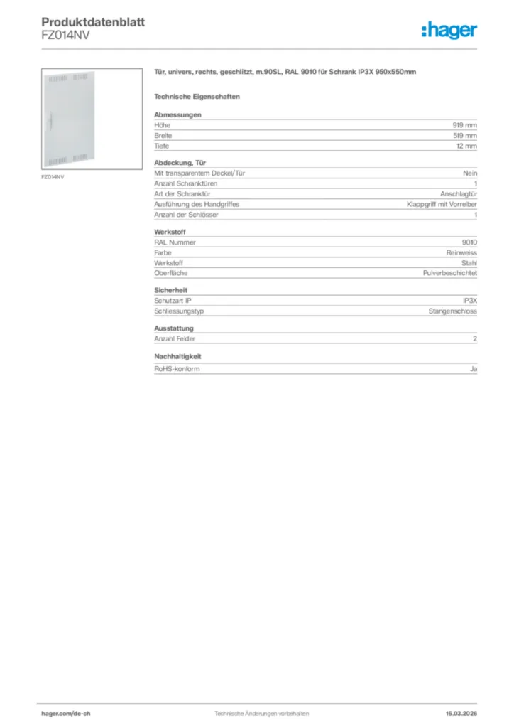 Bild Hager Produktdatenblatt FZ014NV | Hager Schweiz
