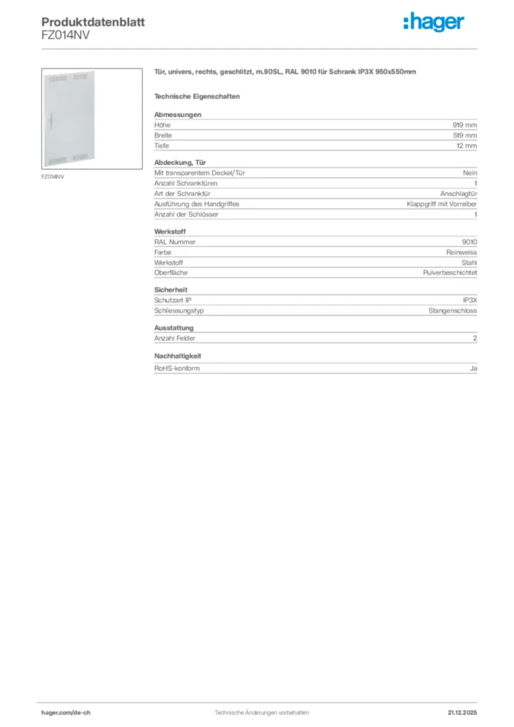 Bild Hager Produktdatenblatt FZ014NV | Hager Schweiz