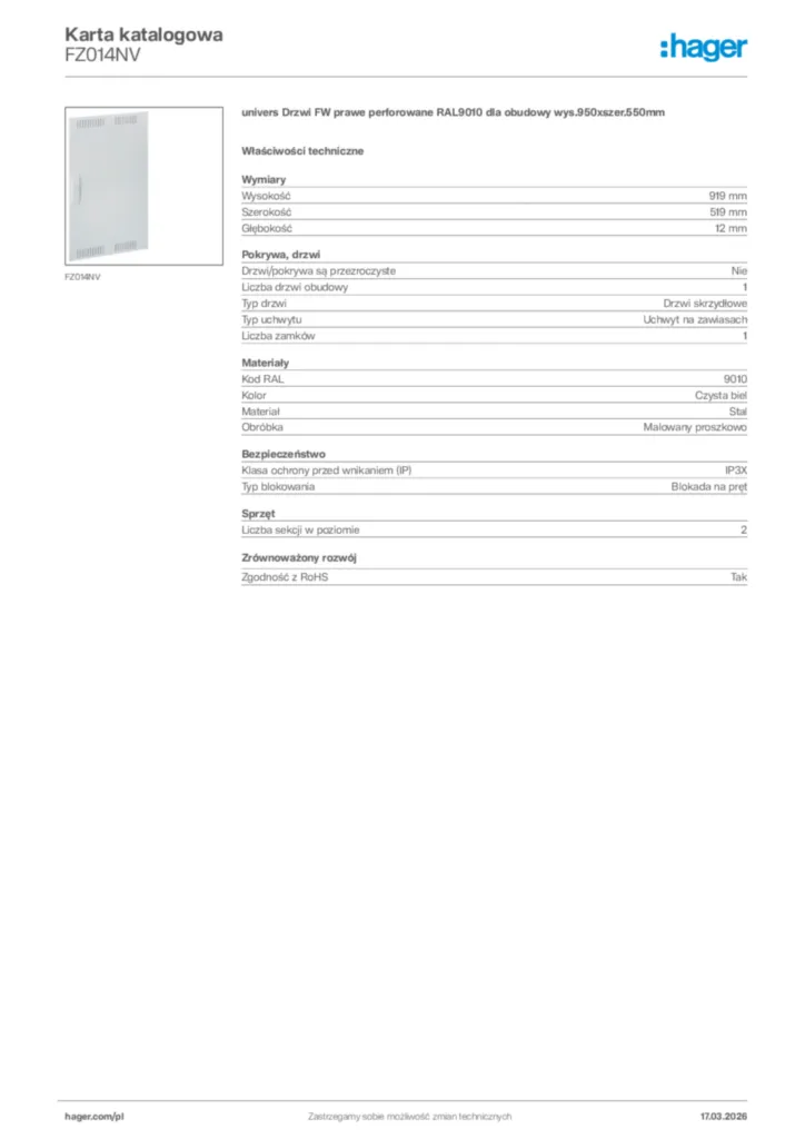 Zdjęcie Hager Karta katalogowa FZ014NV | Hager Polska