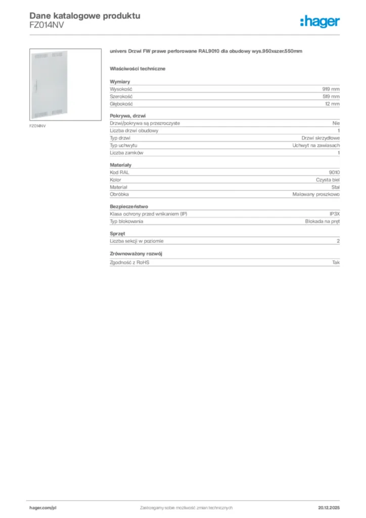Zdjęcie Hager Dane katalogowe produktu FZ014NV | Hager Polska