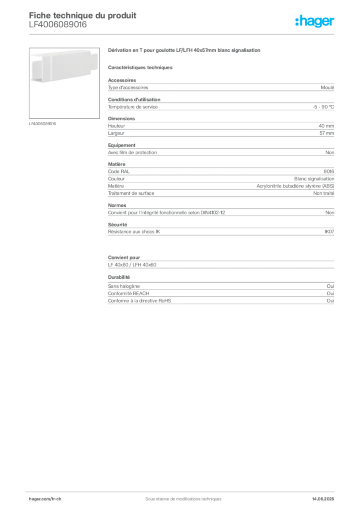 Image Hager Fiche technique du produit LF4006089016 | Hager Suisse