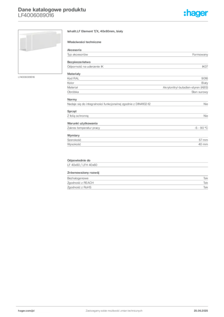 Zdjęcie Hager Dane katalogowe produktu LF4006089016 | Hager Polska