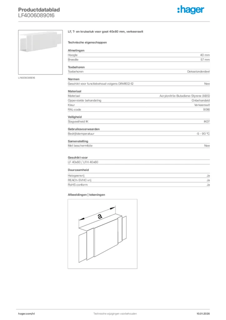 Afbeelding Hager Productdatablad LF4006089016 | Hager Nederland