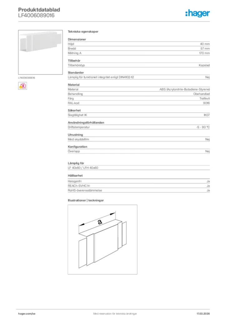 Bild Hager Produktdatablad LF4006089016 | Hager Sverige