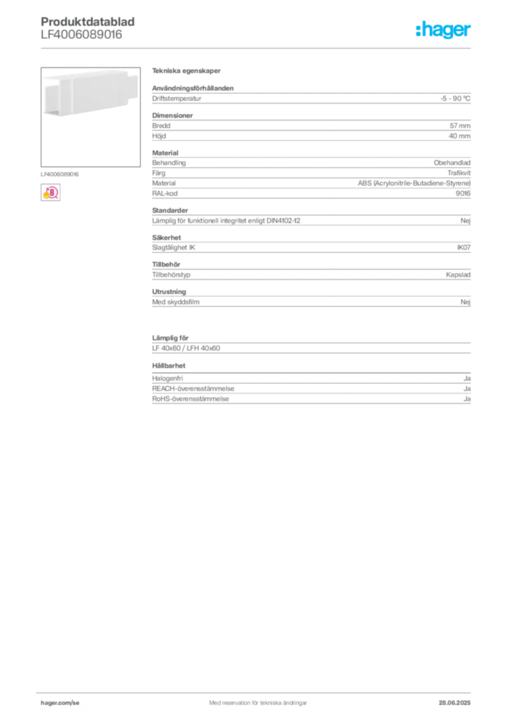 Bild Hager Produktdatablad LF4006089016 | Hager Sverige