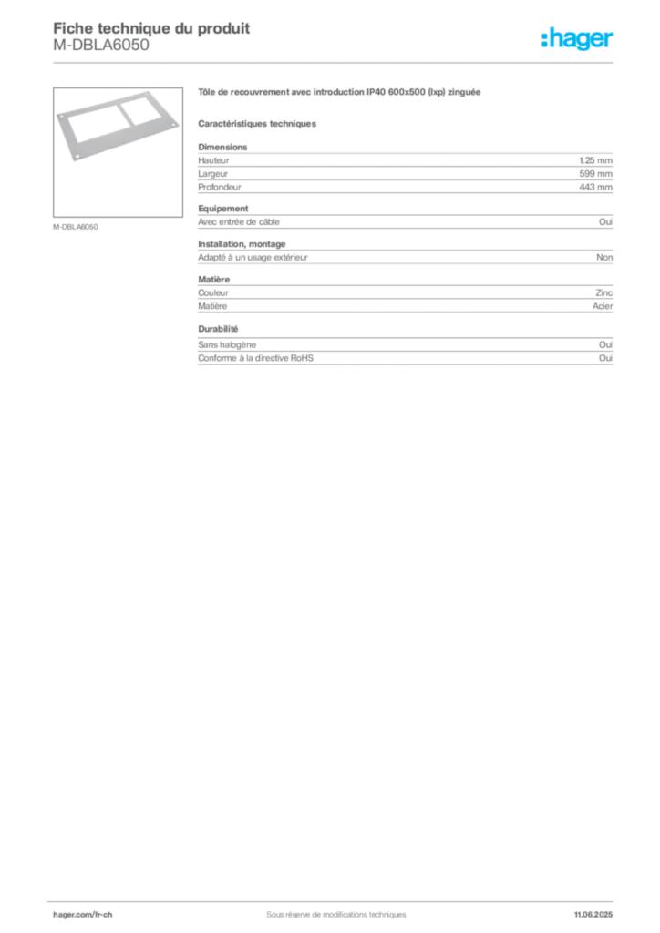 Image Hager Fiche technique du produit M-DBLA6050 | Hager Suisse