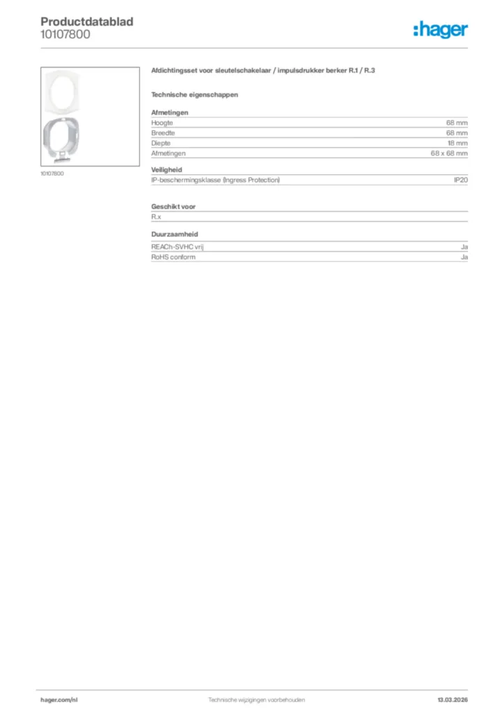 Afbeelding Hager Productdatablad 10107800 | Hager Nederland