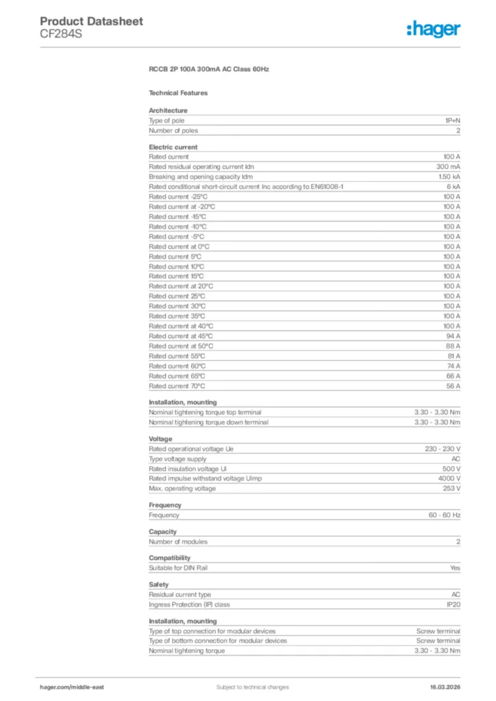 Image Hager Product data sheet CF284S  | Hager