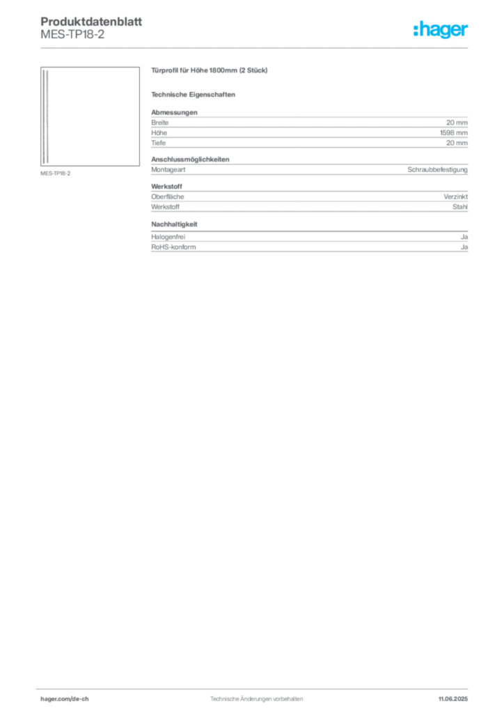 Bild Hager Produktdatenblatt MES-TP18-2 | Hager Schweiz