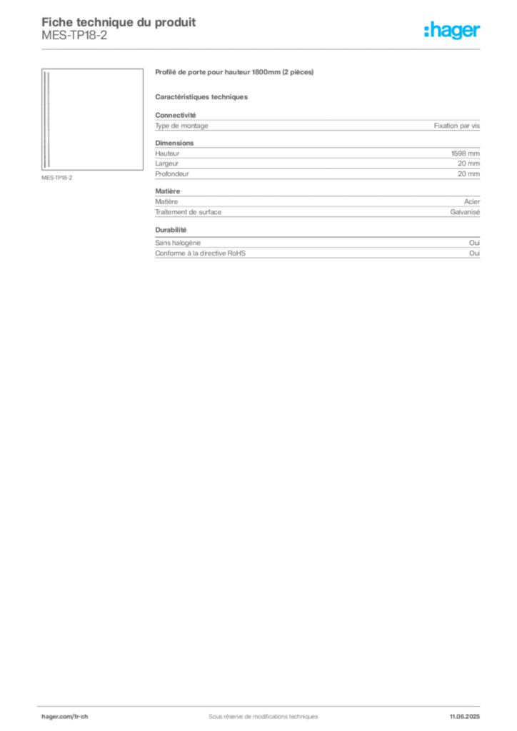 Image Hager Fiche technique du produit MES-TP18-2 | Hager Suisse