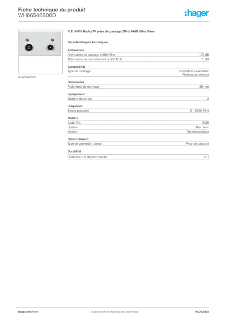 Image Hager Fiche technique du produit WH66548800D | Hager Suisse