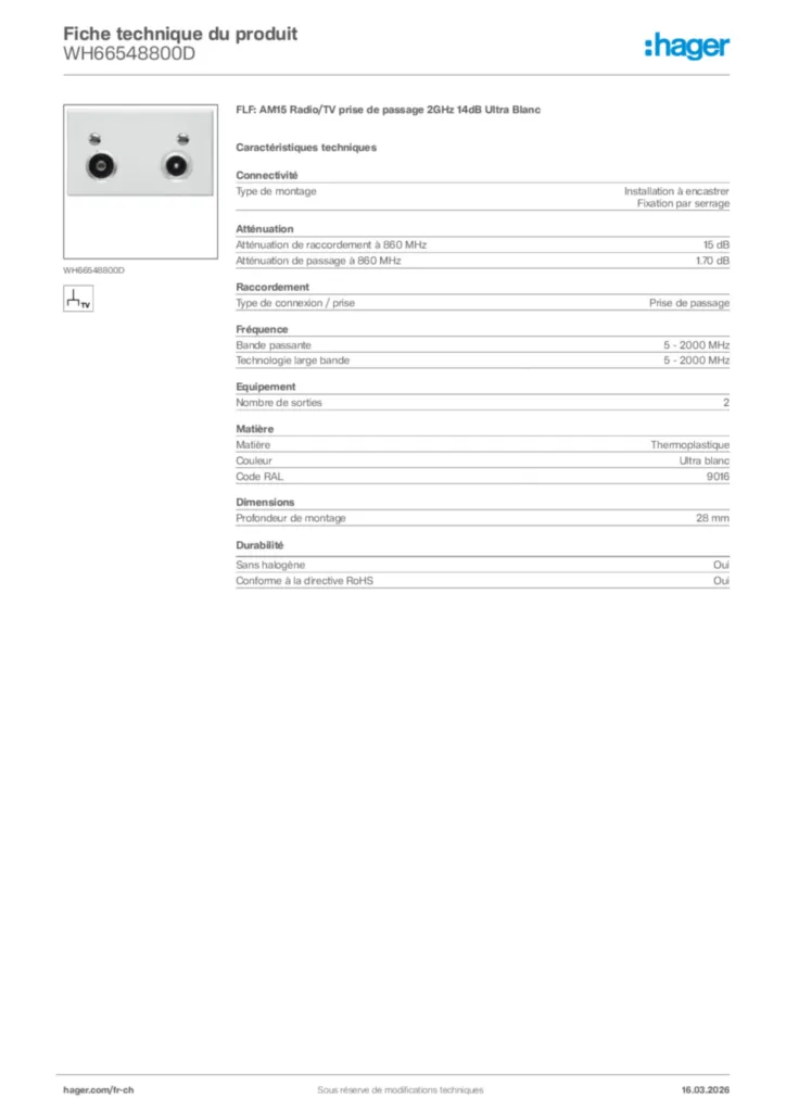 Image Hager Fiche technique du produit WH66548800D | Hager Suisse