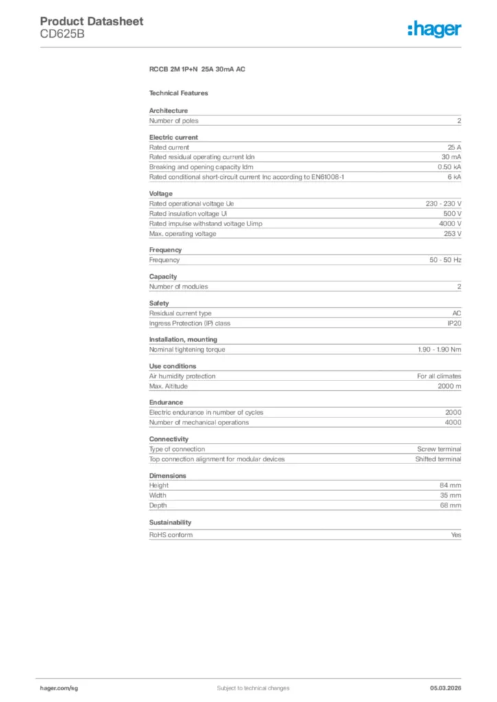 Image Hager Product data sheet CD625B  | Hager