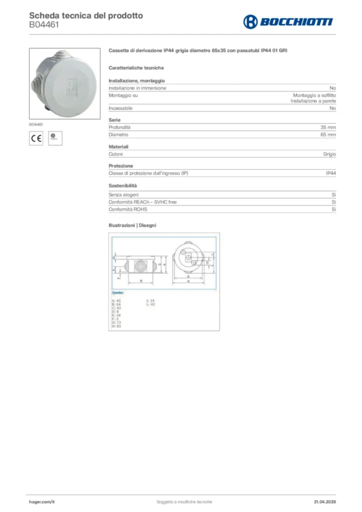Immagine Bocchiotti Scheda tecnica del prodotto B04461 | Hager Italia
