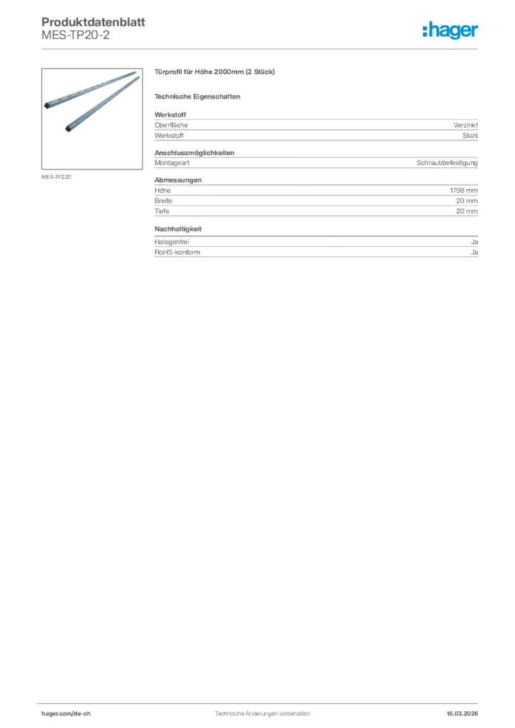 Bild Hager Produktdatenblatt MES-TP20-2 | Hager Schweiz