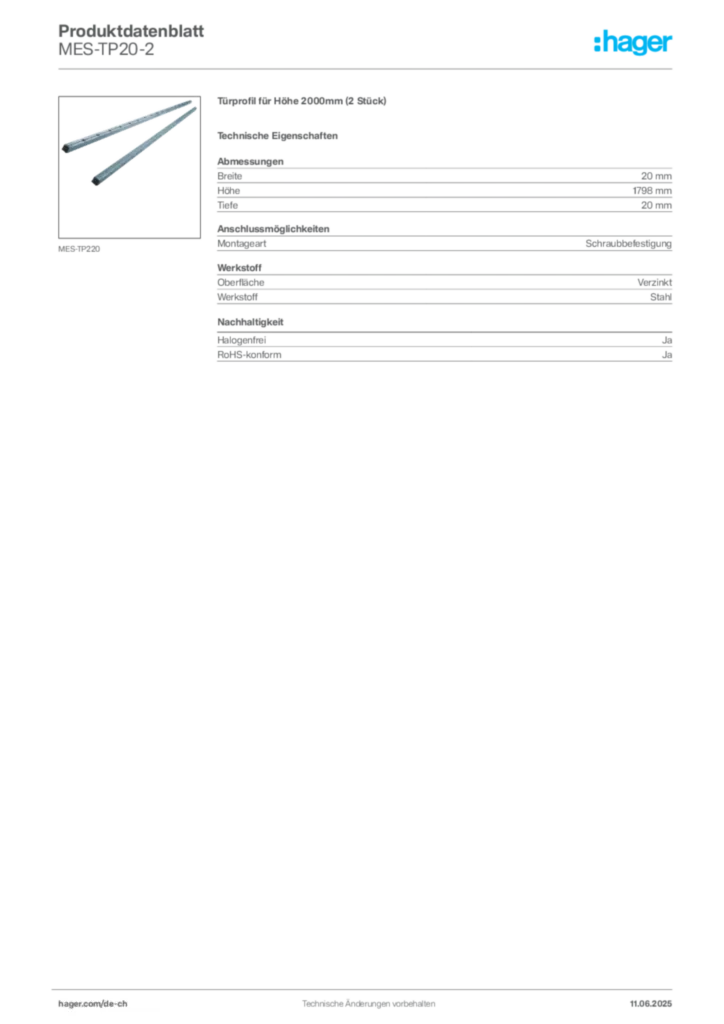 Bild Hager Produktdatenblatt MES-TP20-2 | Hager Schweiz