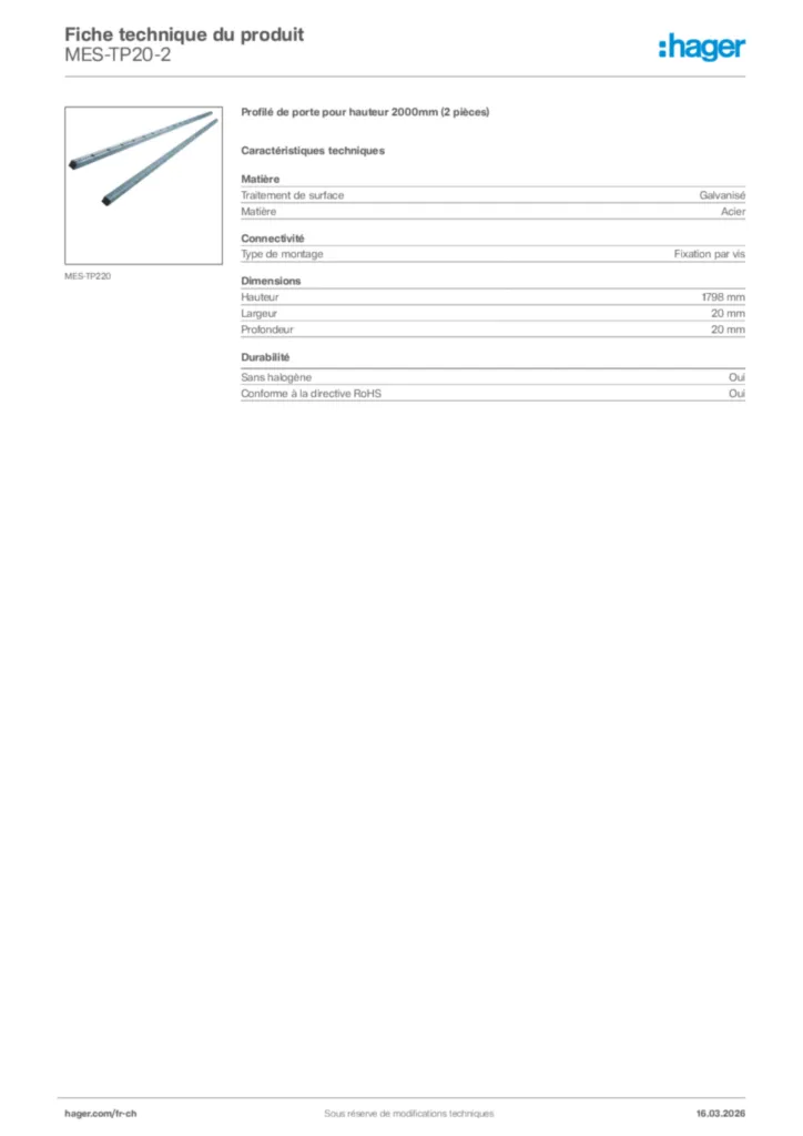 Image Hager Fiche technique du produit MES-TP20-2 | Hager Suisse