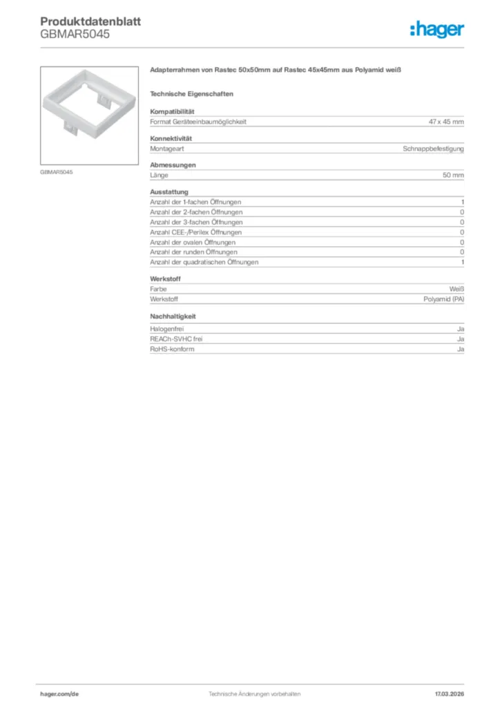 Bild Hager Produktdatenblatt GBMAR5045 | Hager Deutschland
