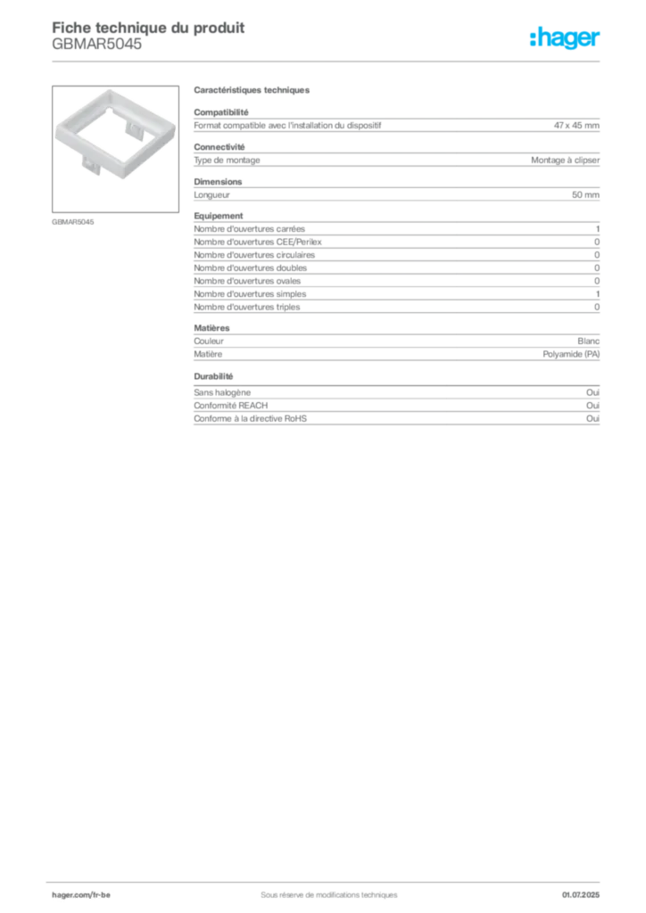 Image Hager Fiche technique du produit GBMAR5045 | Hager Belgique