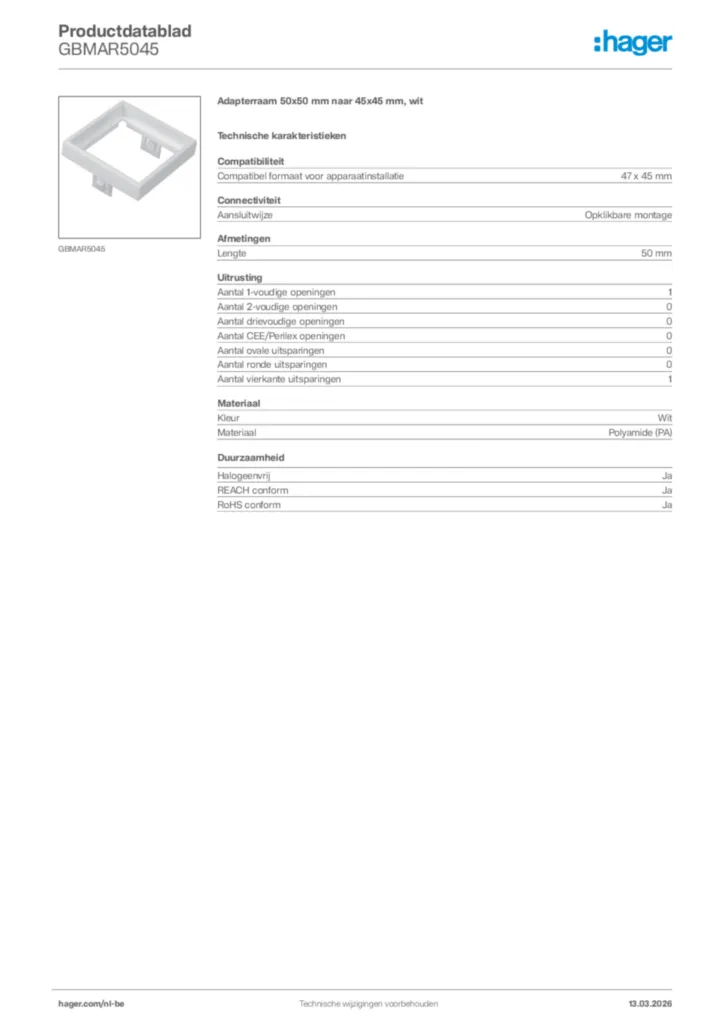 Afbeelding Hager Productdatablad GBMAR5045 | Hager Belgium