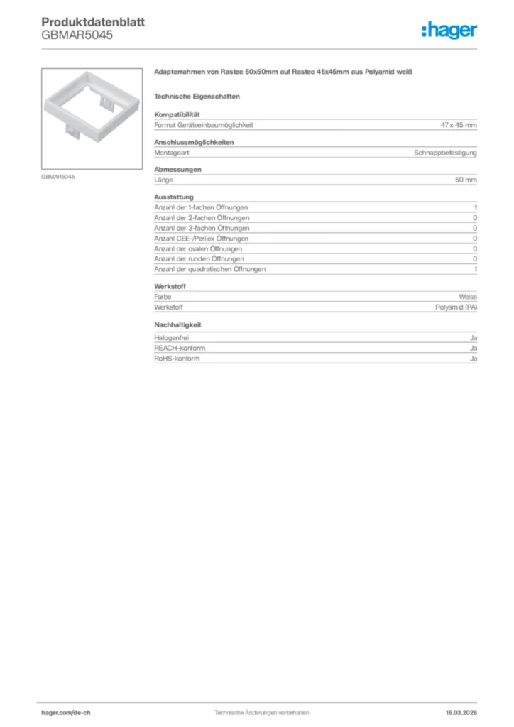 Bild Hager Produktdatenblatt GBMAR5045 | Hager Schweiz