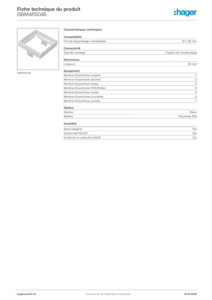 Image Hager Fiche technique du produit GBMAR5045 | Hager Suisse