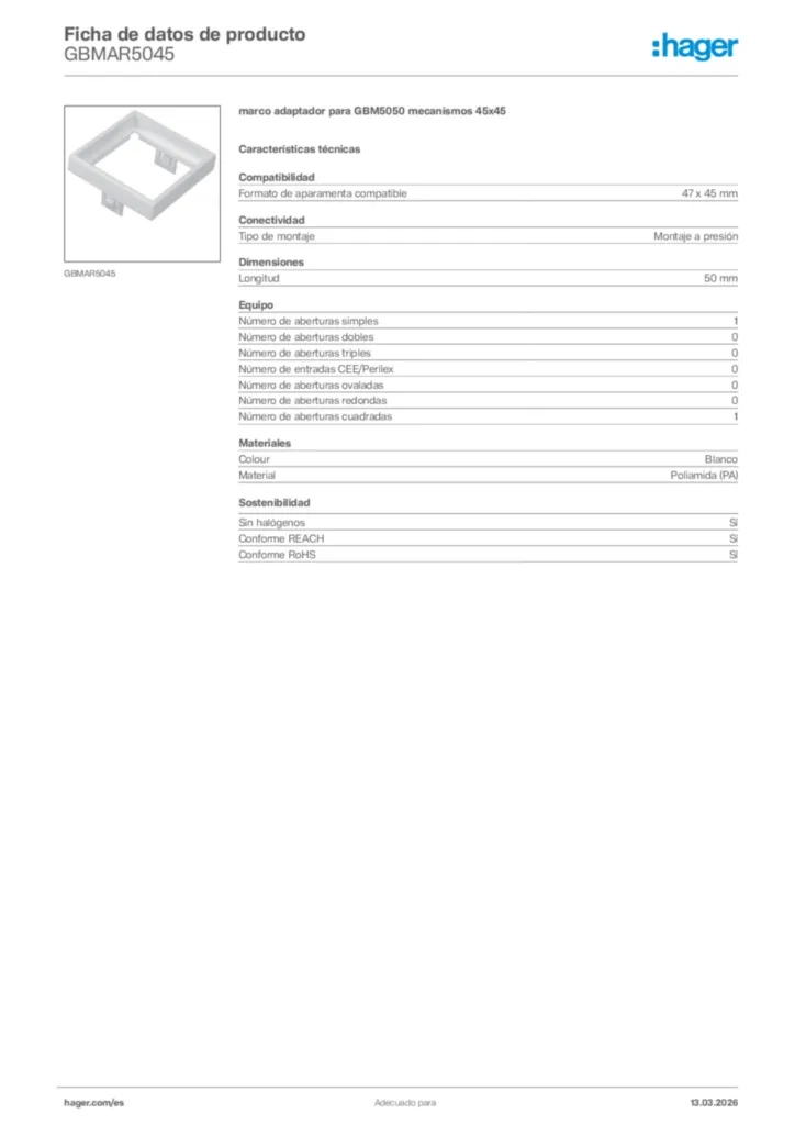 Imagen Hager Ficha de datos de producto GBMAR5045 | Hager España