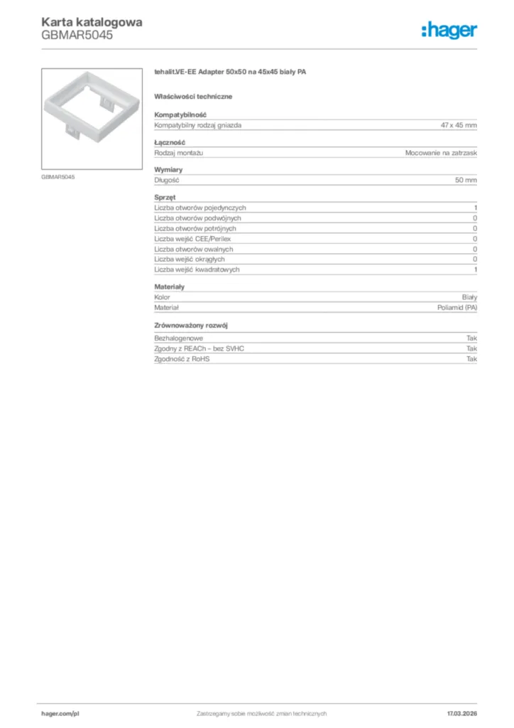 Zdjęcie Hager Karta katalogowa GBMAR5045 | Hager Polska