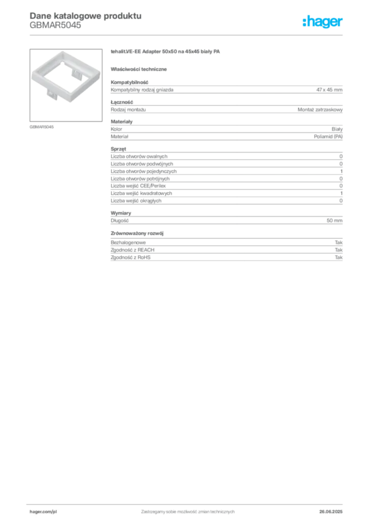 Zdjęcie Hager Dane katalogowe produktu GBMAR5045 | Hager Polska