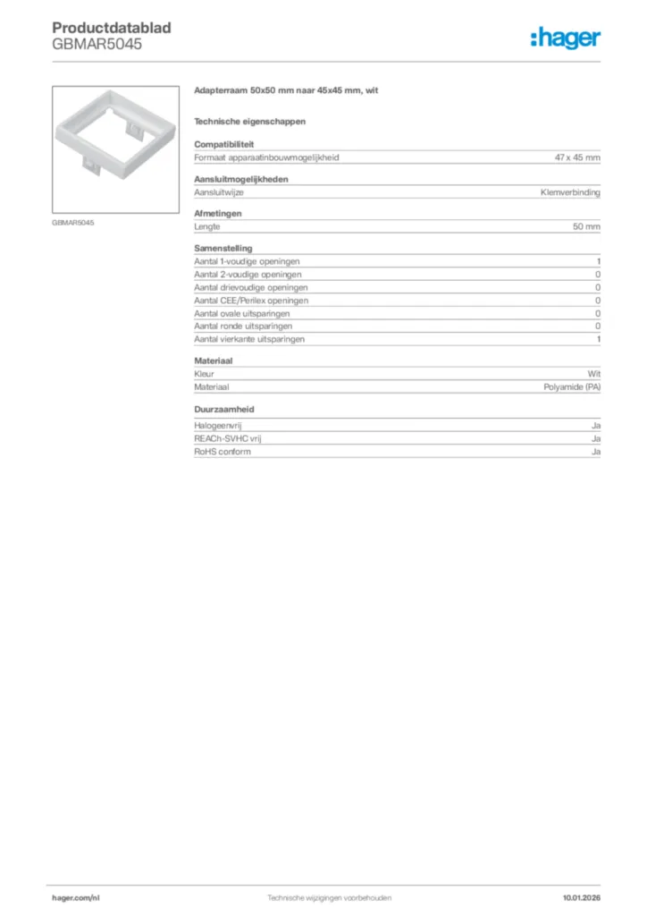Afbeelding Hager Productdatablad GBMAR5045 | Hager Nederland