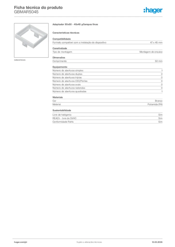 Imagem Hager Ficha técnica do produto GBMAR5045 | Hager Portugal