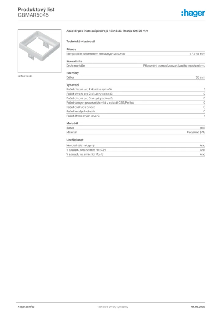 Obrázek Hager Product data sheet GBMAR5045 | Hager