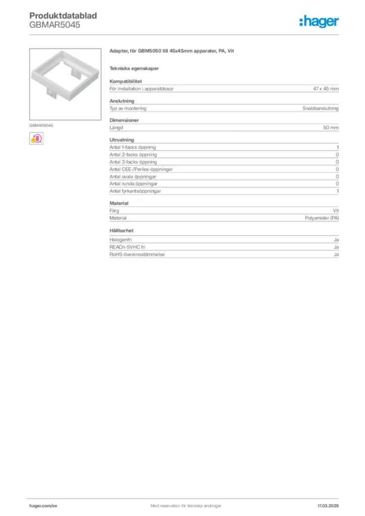 Bild Hager Produktdatablad GBMAR5045 | Hager Sverige