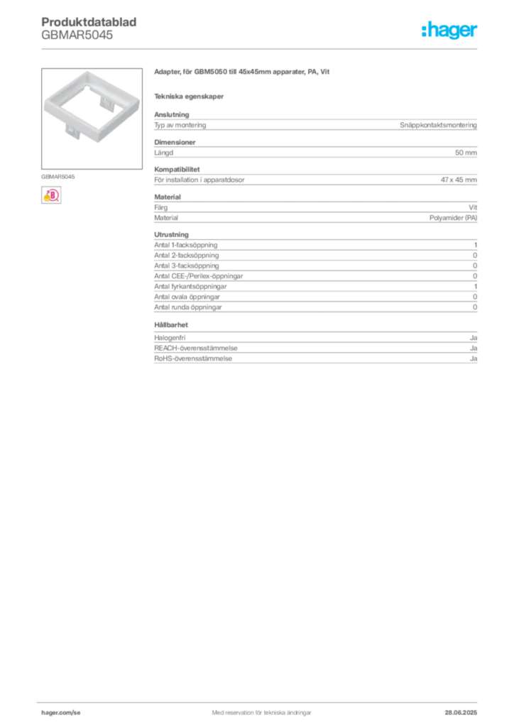 Bild Hager Produktdatablad GBMAR5045 | Hager Sverige