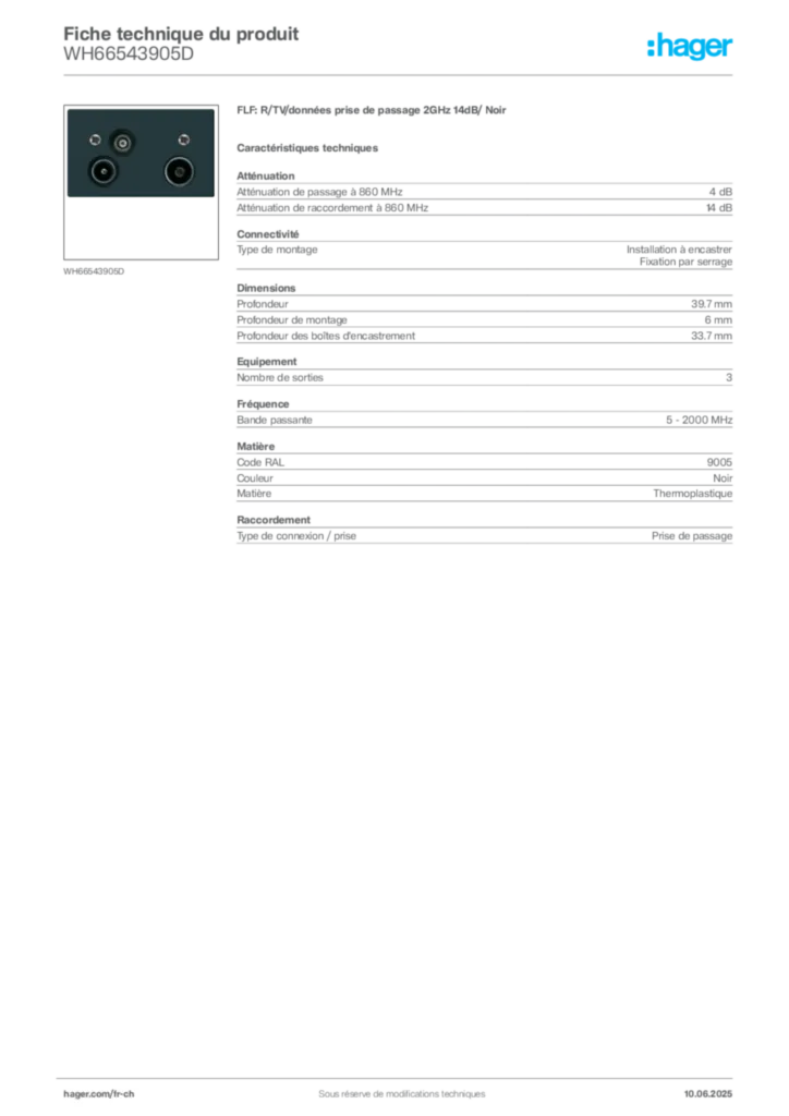 Image Hager Fiche technique du produit WH66543905D | Hager Suisse