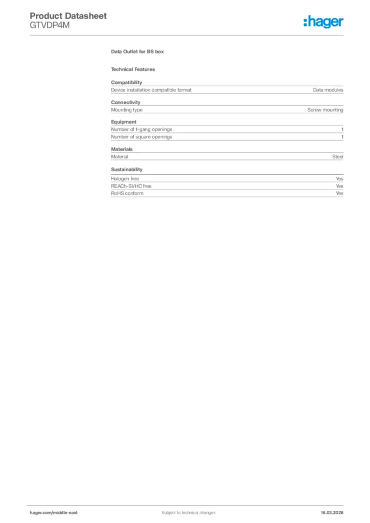 Image Hager Product data sheet GTVDP4M  | Hager