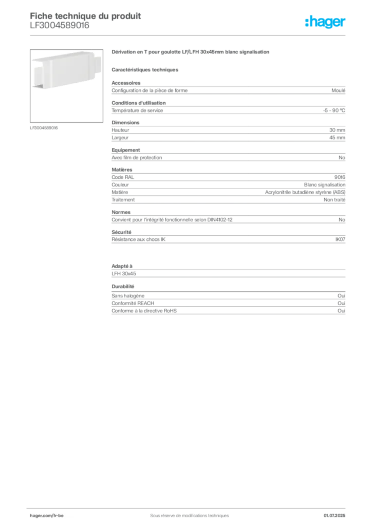 Image Hager Fiche technique du produit LF3004589016 | Hager Belgique