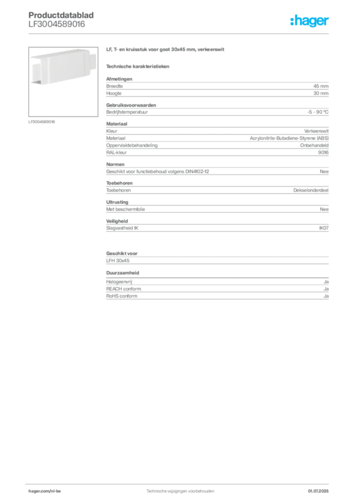 Afbeelding Hager Productdatablad LF3004589016 | Hager Belgium